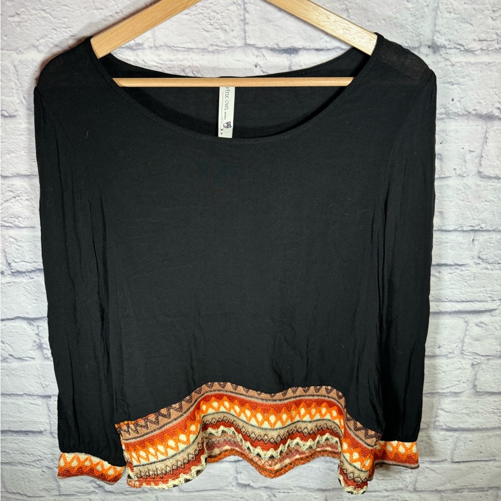 Pink Owl made in USA Black Chevron Detail hem Boho Top Womens size large